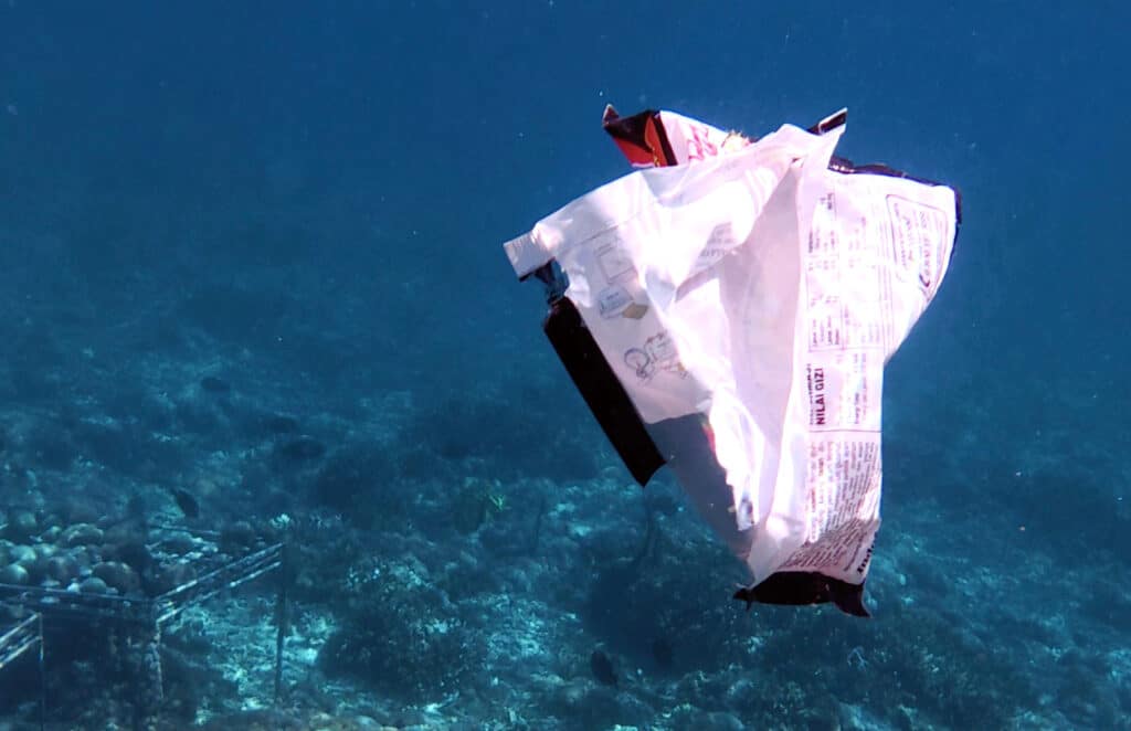 Instant noodle wrapper floating the sea, with coral nursery in the background