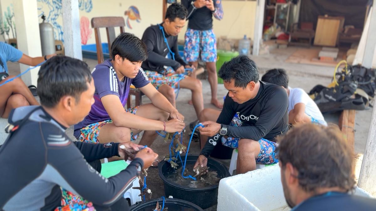 Local community members and Ocean Gardener team members stringing coral fragments onto lines by hand before they're taken out to the nursery