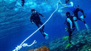 Ocean Gardener divers rigging a new mooring line to a reef-safe anchor point in Ped, Nusa Penida
